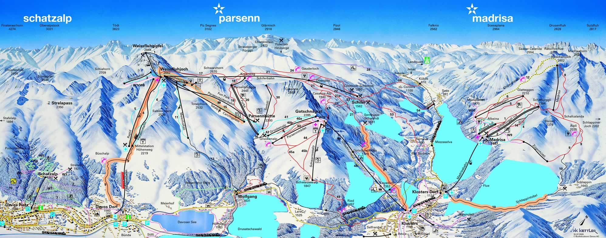 Piste map with popular off piste areas highlighted.