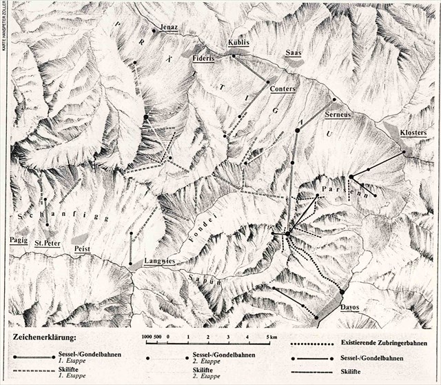 Map showing planned expansion of the Fondei valley to form the new Fondei ski resort. Dashed lifts where already built - with lifts marked with a solid line proposed.