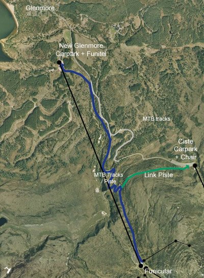 Map showing of the proposed Glenmore Gondola. Officially proposed by the resort owners in 1996, it was never built but is often brought up my local media and campaign groups.