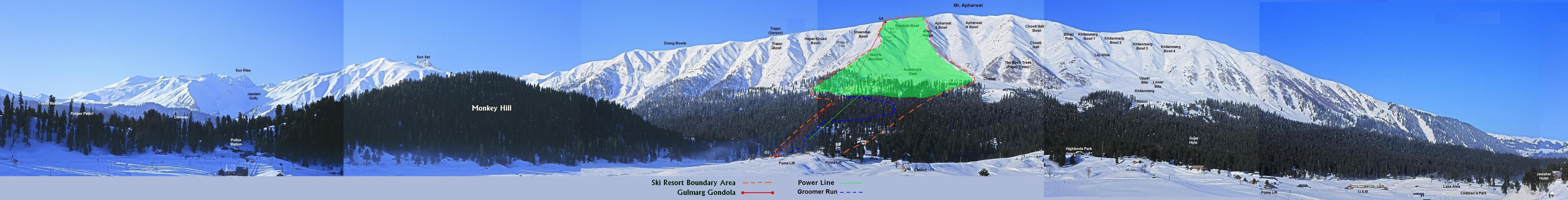 Ski patrol map with names and controlled area shaded green from gulmargsnowsafety.com