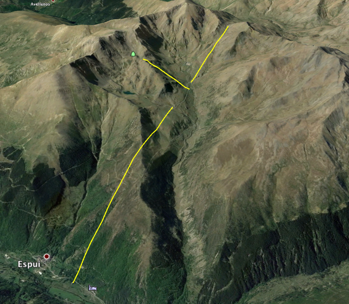 Google Rendering of Vall Fosca. Bottom line is 3S Gondola, Middle line is Doppelmayr Quad, Top line is Doppelmayr High Speed Quad