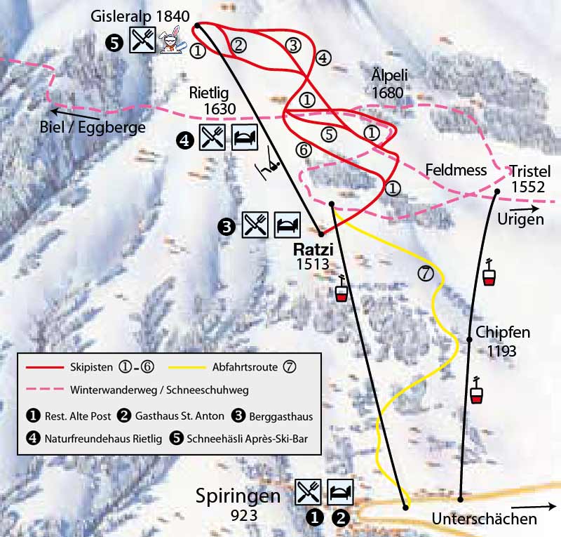 Labeled pistes/paths/infrastructure in the Ratzi area (background by Winfried Kettler www.kettler-panorama.ch)