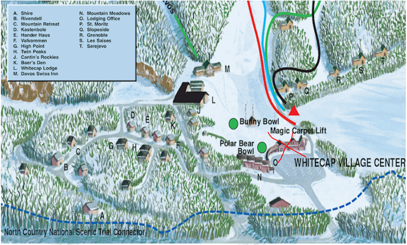 Resort Map; I crossed out the main lodge because it burned down in 2019.