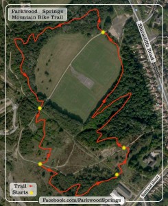 Map showing MTB trails (still open) which she part of the ski village. The top of the old ski lifts are visible fit the middle left of the image.