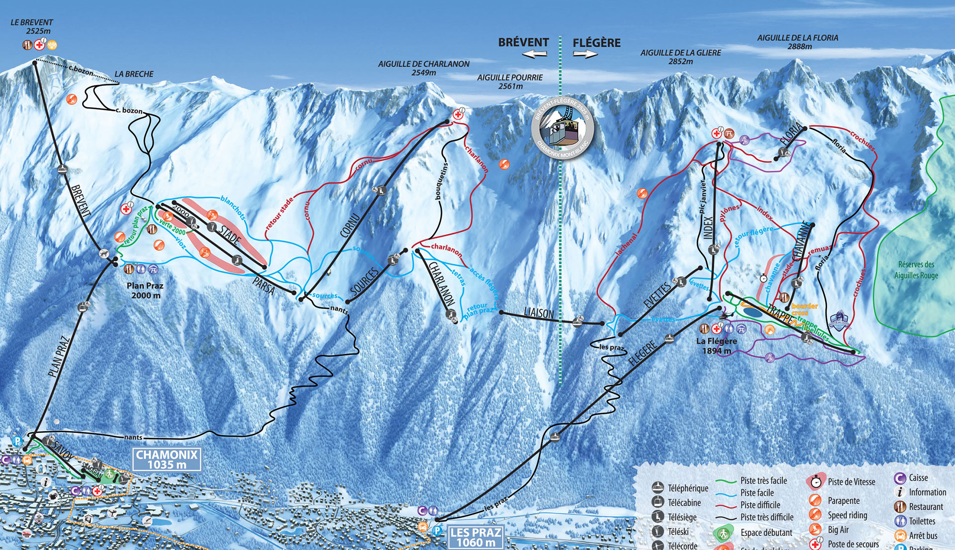 Piste map for 2011/2012 season for the Brévent and Flégère ski areas.